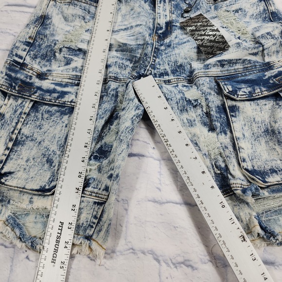 Encrypted Denim Cargo Shorts MENS SIZE 38 Blue Acid Wash Stretch - Picture 2 of 10